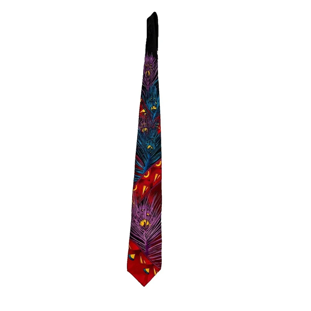 VTG Rush Limbaugh Tie Red Purple Blue Peacock Feather Silk USA Made 90s Abstract